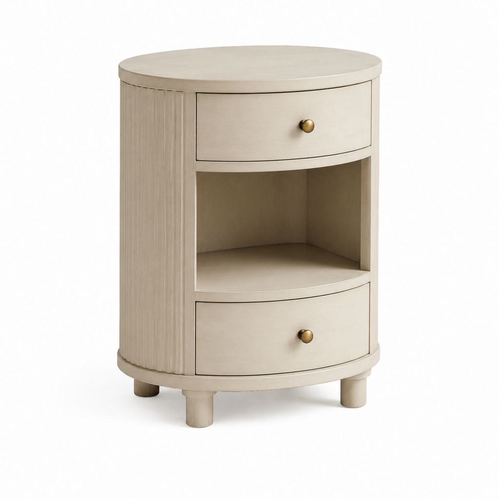 Table de chevet ronde beige en MDF plaqué frêne avec 2 tiroirs 45 x 45 x 60 cm