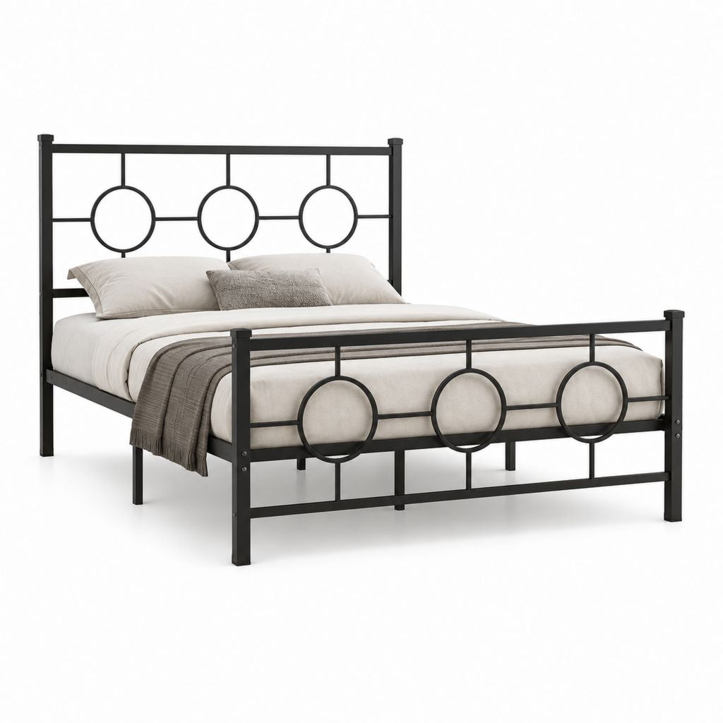 Cadre de lit double 140 x 190 cm noir en acier avec motifs circulaires
