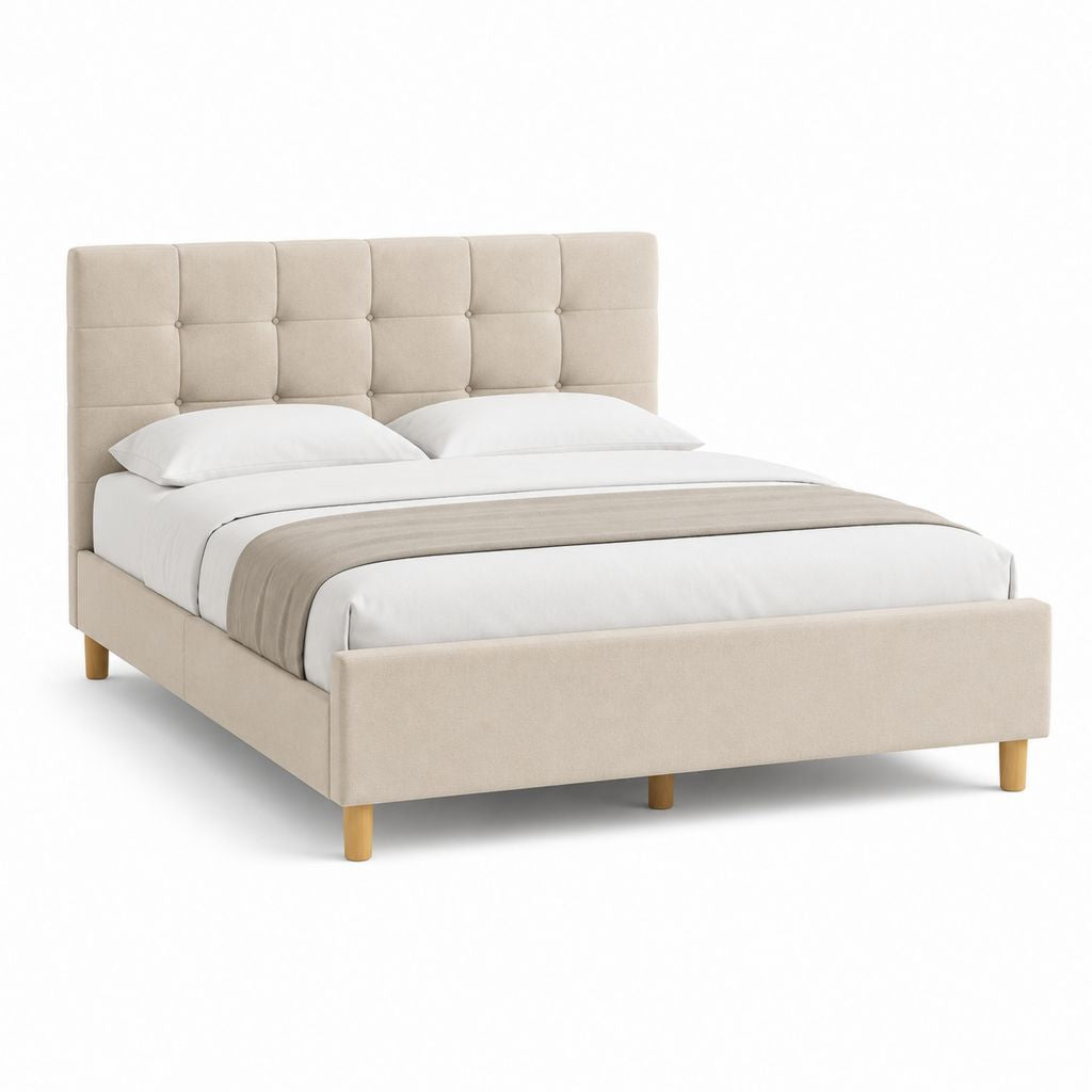Lit double avec cadre beige capitonné en polyester 160 x 200 cm