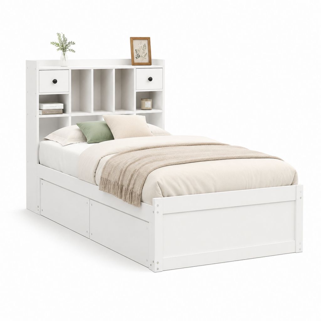 Lit simple avec rangement blanc en panneaux de particules 90 x 190 cm