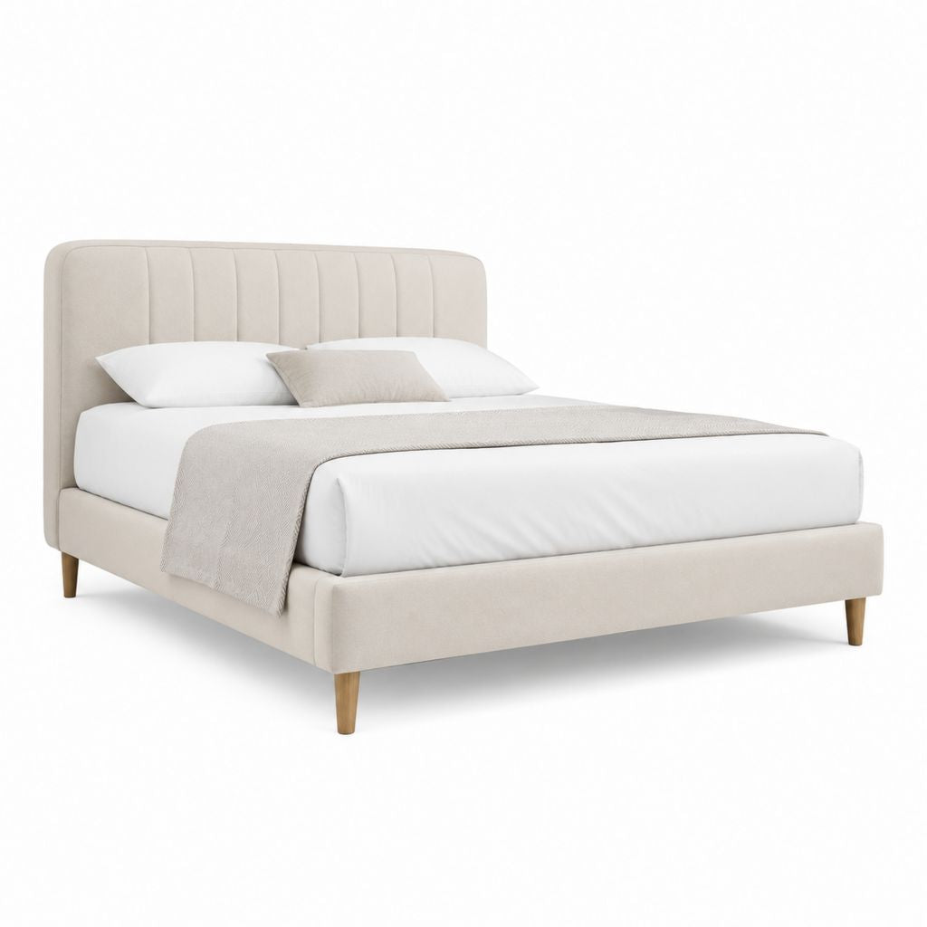 Lit double capitonné beige en polyester 160 x 200 cm avec tête de lit