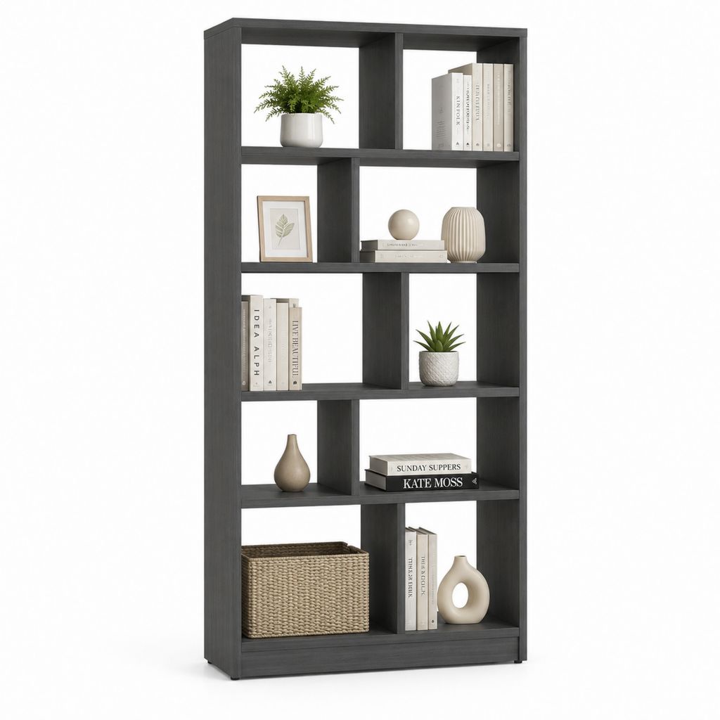 Bibliothèque ouverte anthracite en panneaux MDF mélaminés 80 x 30 x 180 cm avec 10 compartiments