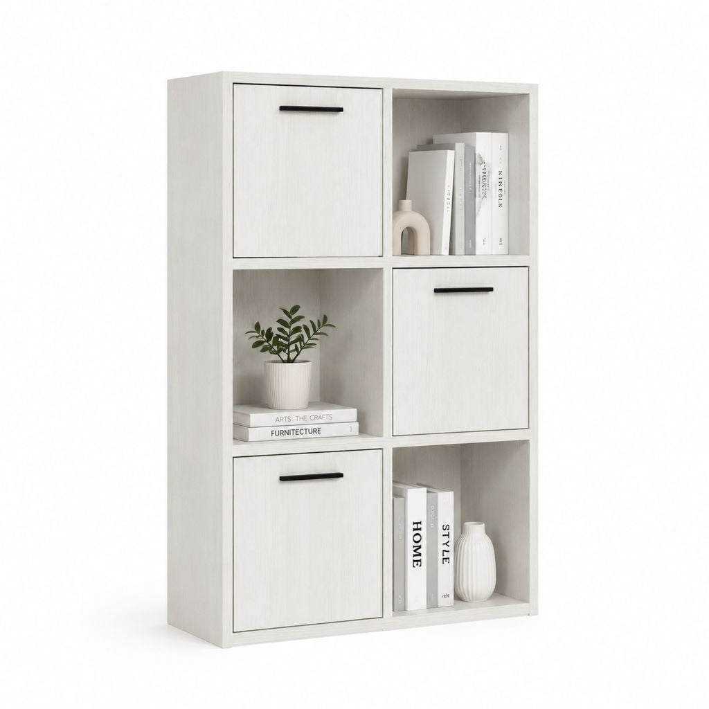 Bibliothèque de rangement blanche en panneaux de particules 60 x 30 x 120 cm avec 3 portes et 3 niches