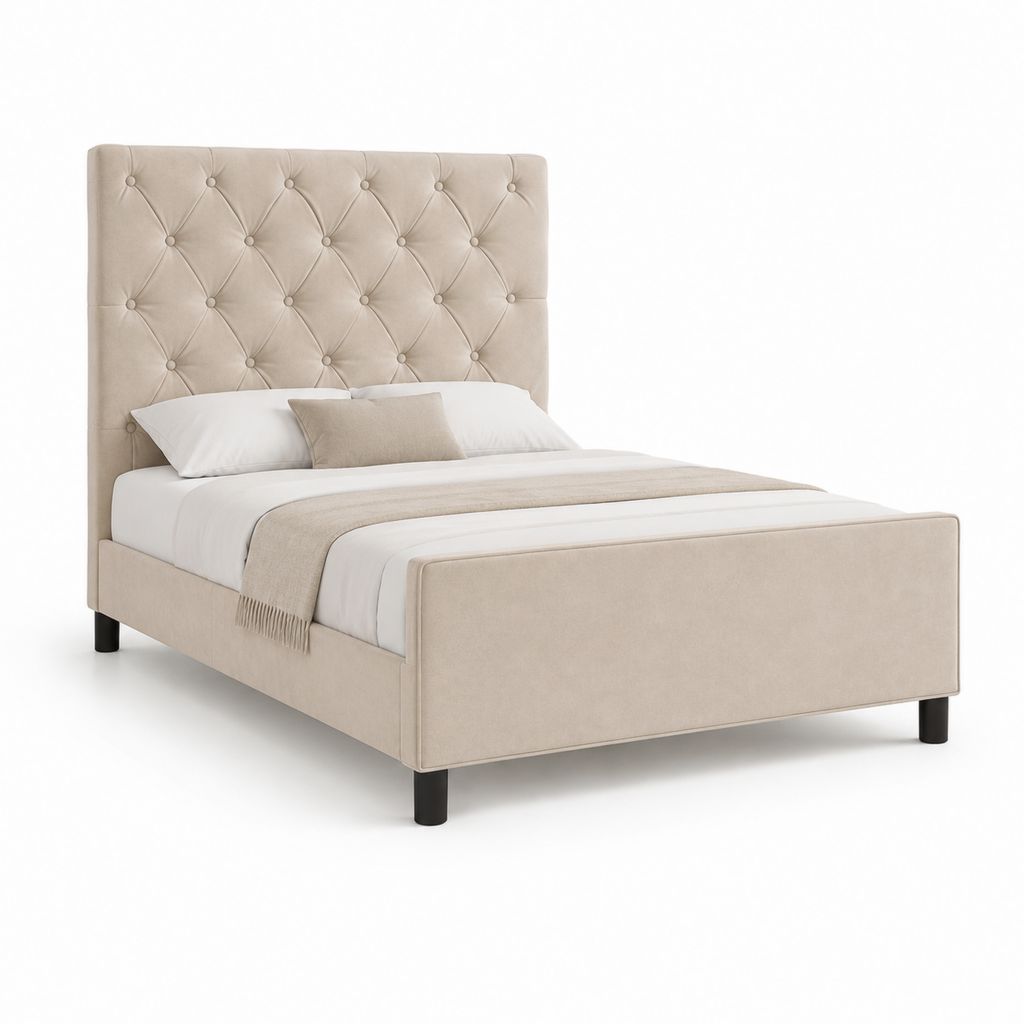 Lit adulte avec cadre capitonné beige en velours polyester 160 x 200 cm