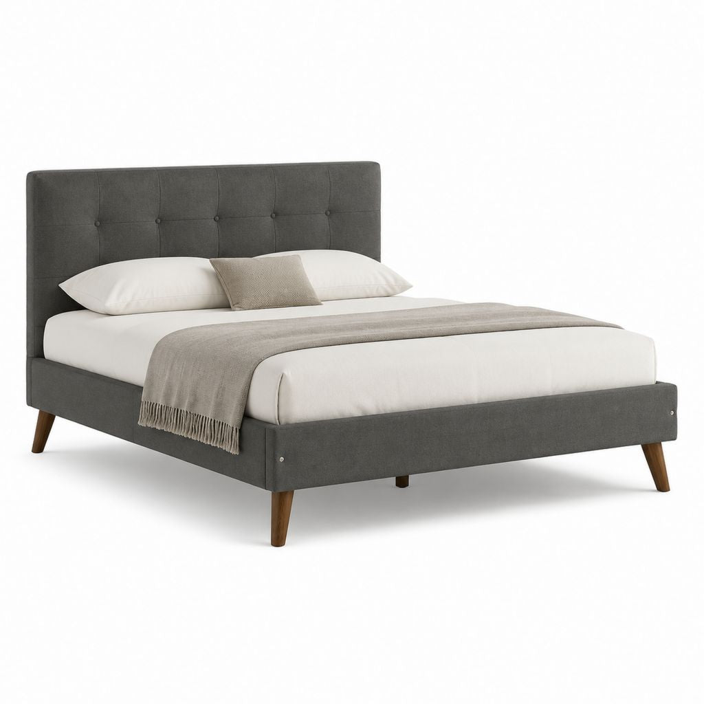 Lit double avec cadre et tête de lit capitonnée gris foncé en polyester 160 x 200 cm