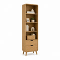 Bibliothèque haute 4 niches 2 tiroirs en MDF plaqué chêne arrondie 60 x 40 x 180 cm