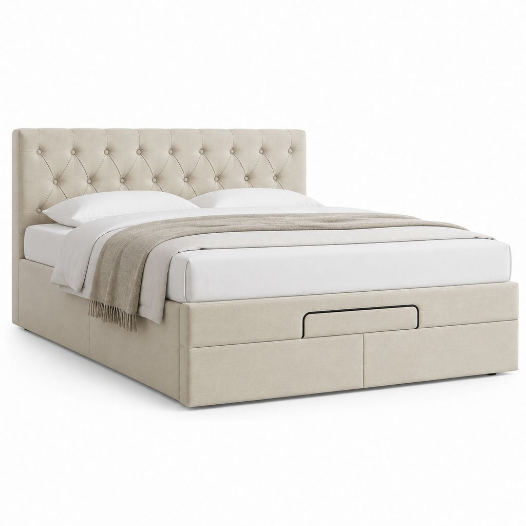 Lit avec rangement beige en polyester capitonné 160 x 200 cm avec tête de lit et 3 tiroirs