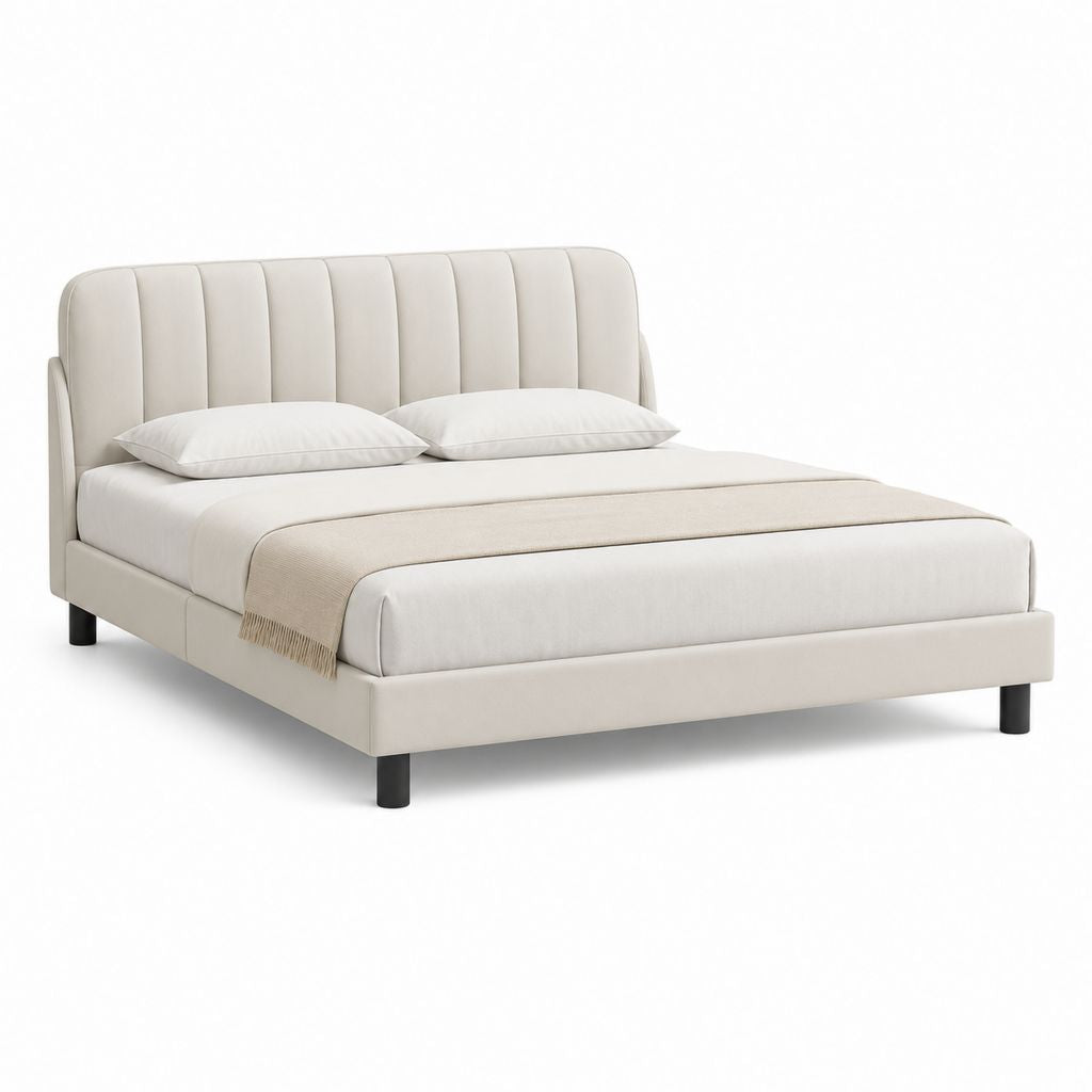 Lit double 160 x 200 cm beige en polyester avec tête de lit capitonnée rectangulaire