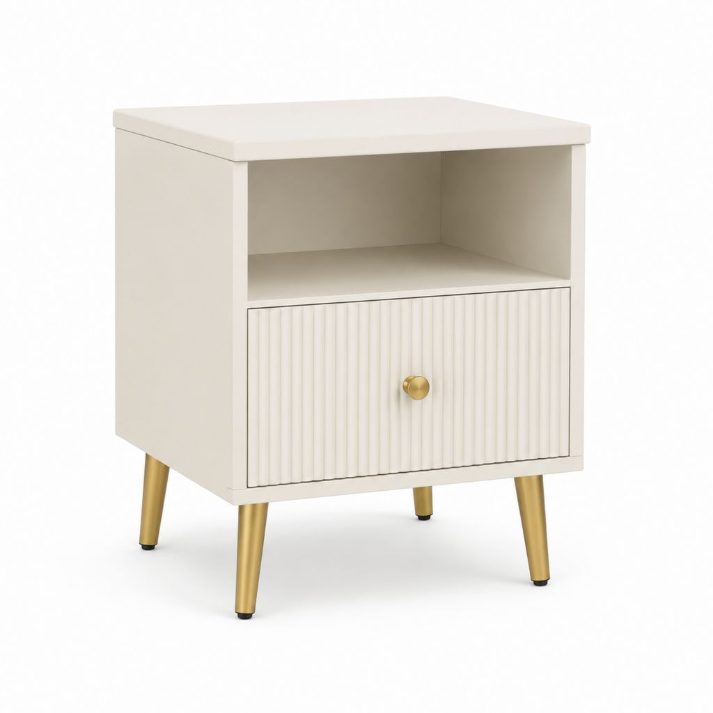 Table de chevet blanche en panneaux MDF avec niche ouverte et porte rainurée 40 x 35 x 60 cm